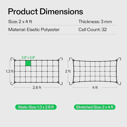 2x4 Ft Elastic Plant Trellis Net - 2-Pack Heavy Duty Garden Support Net with 4 Hooks for Grow Tents, Climbing Vegetables, Fruits & Flowers (Black)