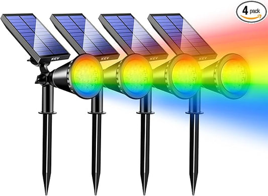 KEV Solar Spot Lights Outdoor,18 LEDs Solar Flood Lights with 8 Modes &Colored Adjustable &IPX65 Waterproof,Christmas Solar Spotlight for Driveway/Backyard/Landscape/Tree/Garage(Multicolor,4 Pack)