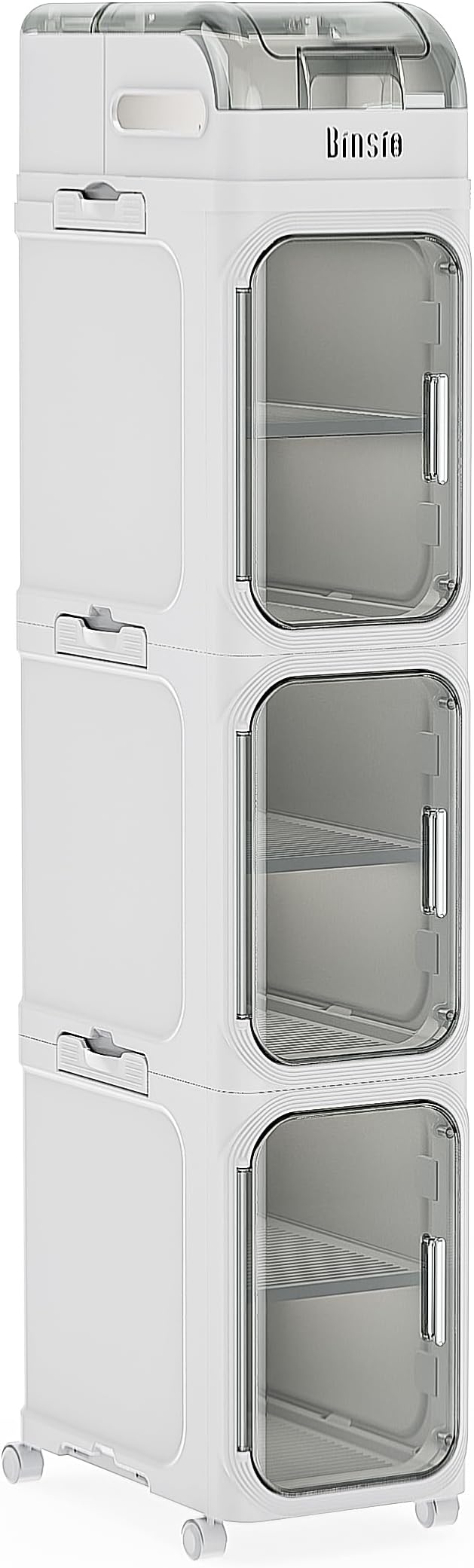 BINSIO 4-Tiers Toilet Paper Storage, Slim Bathroom Organizers and Storage, Bathroom Counter Organizer, Bathroom Organizer Storage Cabinet, Portable Laundry Room Organization, Plastic White Clear Doors