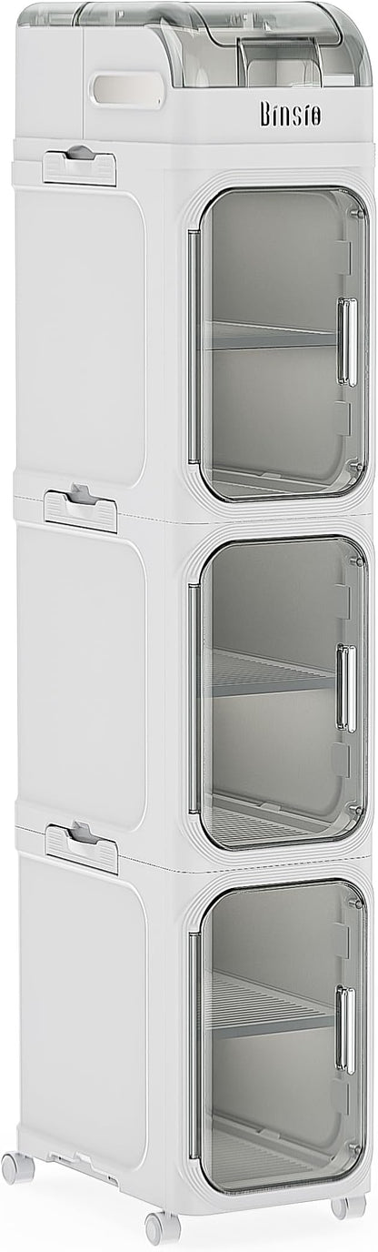 BINSIO 4-Tiers Toilet Paper Storage, Slim Bathroom Organizers and Storage, Bathroom Counter Organizer, Bathroom Organizer Storage Cabinet, Portable Laundry Room Organization, Plastic White Clear Doors