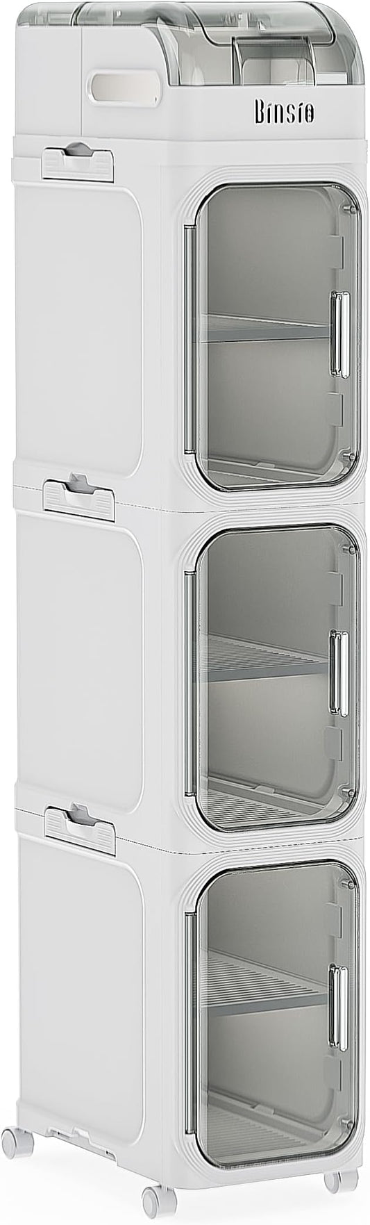 BINSIO 4-Tiers Toilet Paper Storage, Slim Bathroom Organizers and Storage, Bathroom Counter Organizer, Bathroom Organizer Storage Cabinet, Portable Laundry Room Organization, Plastic White Clear Doors