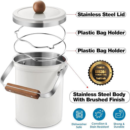 WAGENSTEIGER Kitchen Countertop Compost Bin 101ounces / 3Liters, Airtight Lid SUS304 Stainless Steel Odor-Free Food Waste Bin with Wooden Handle Stylish Design/Bathroom Trash Can (White)
