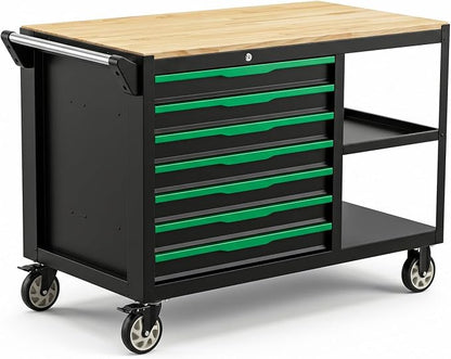 7-Drawers Professional Tool Cart Cabinet,Rolling Tool Chest with Double Shelves,Wood Workbench,Brake Wheels,51.1W x 18.9D x 32.3H inches for Garage, Workshop, or Outdoor Use(7 Drawers)