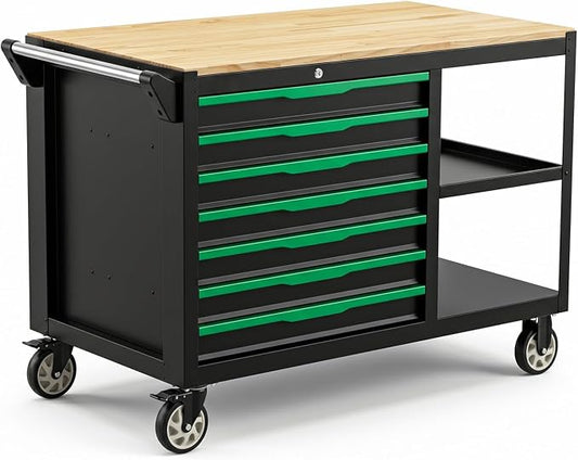 7-Drawers Professional Tool Cart Cabinet,Rolling Tool Chest with Double Shelves,Wood Workbench,Brake Wheels,51.1W x 18.9D x 32.3H inches for Garage, Workshop, or Outdoor Use(7 Drawers)