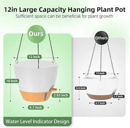 ZMTECH 12 Inch Large Self Watering Hanging Planters for Indoor Outdoor Plants - Water Level Indicator & Removable 60 Oz Reservoir, 1 Pack Plastic Hanging Basket for Window Porch Garden Balcony, White