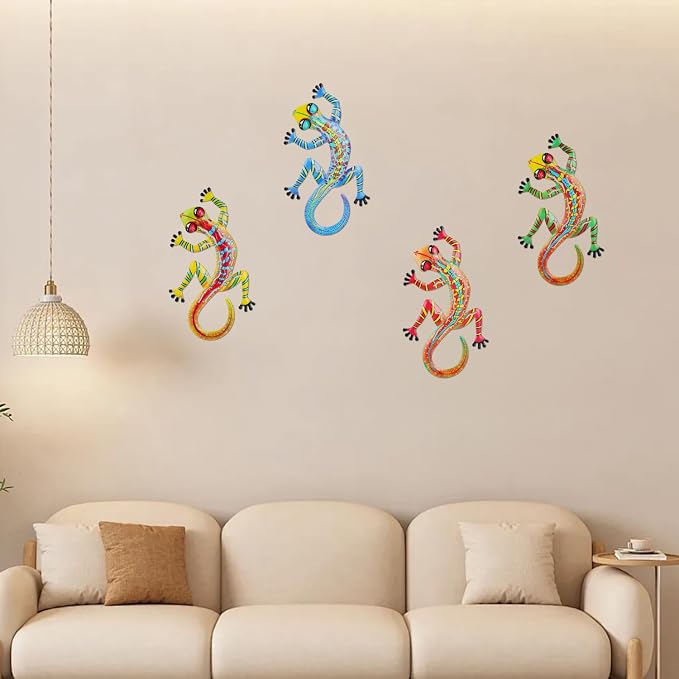Junware 4 Pcs Metal Gecko Wall Art Outdoor Decor Metal Lizards Wall Decor Lizard 6.9 * 11 Inch Suitable for Hanging in Yard Garden Patio Fence Home, Idea Gifts for Mom Father Friends