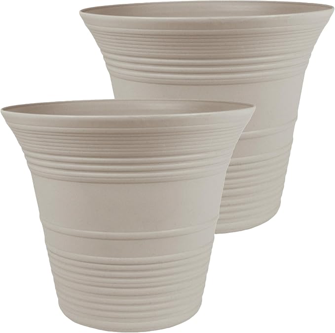 The HC Companies 14 Inch Sedona Round Self Watering Planter Pots, Lightweight UV-Resistant Plastic Indoor & Outdoor Planters, 2-Pack Flower Pots for Garden & Home Decor, Cottage Stone