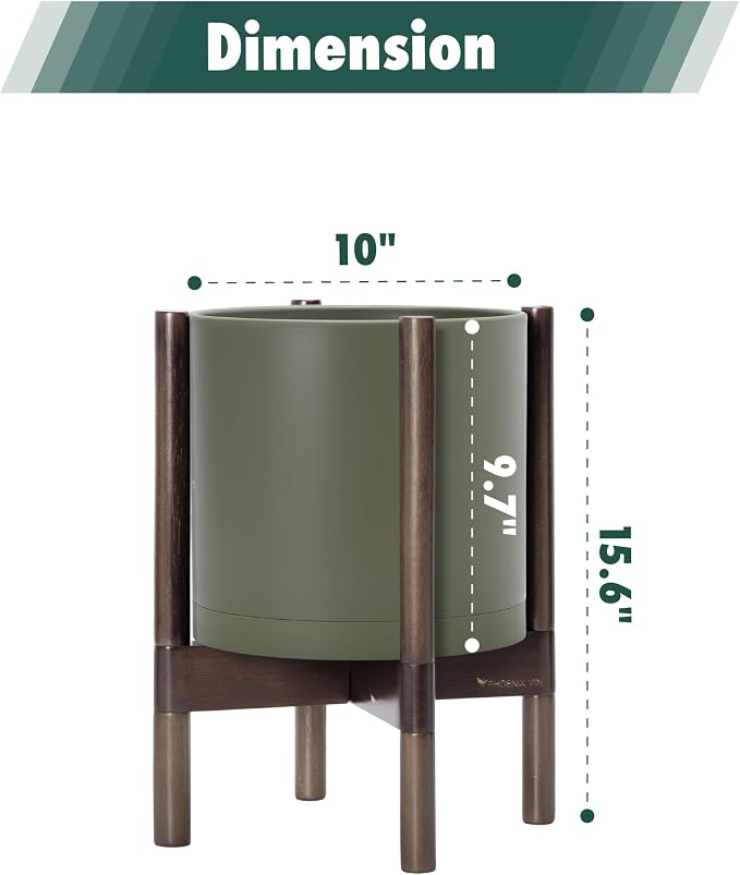 D'vine Dev Plastic Pot with Walnut Wood Stand, Olive, 10 in, 55-C-L-3 | Mid-Century Inspired Design, Elevated Plant Display, Clean Lines, Sturdy Support, Modern Space-Saving Style