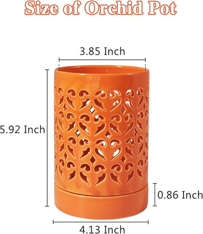 Orchid Pots 4 Inch Ceramic Orchid Pot with Holes, Plant Pot for Repotting, Flower Planter Pot Indoor Outdoor, Breathable Slotted Orchids Planter Orange