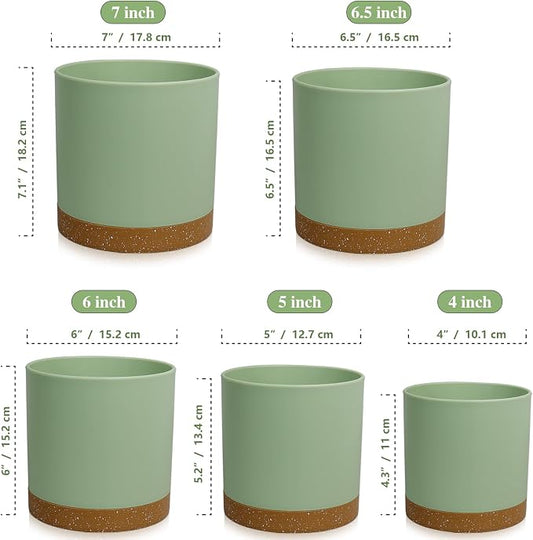 WSMKSZ 5 Pack Cylindrical Flower Pots with 7/6.5/6/5/4 inch, Modern Small Plastic Plant Pots with Drainage Holes & Saucers, Round Planter Pots for Outdoor, Indoor & Office Decor (Green Brown)
