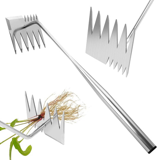 Weed Puller Tool,Newly Upgraded 6 Teeth Portable Manual Weeding Tools Gardening, Dual Head Stainless Steel Hand Garden Weeding Rake,Multi-Purpose 17.7" Weed Remover Tool Weeding Tools for Gardening