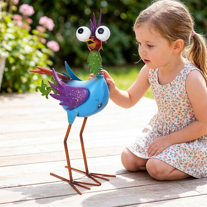 Metal Wacky Rooster Garden Statue for Patio, Backyard, Lawn | 17'' Rooster Decor, Yard Statue Decorations Outdoor, Chicken Yard Art, Blue & Purple
