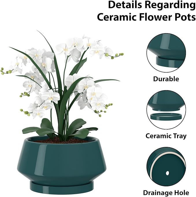 10 Inch Green Ceramic Planter with Drainage Hole and Saucer | Ideal for Indoor and Outdoor Plants, Modern Home Decor, Round, Gloss Green