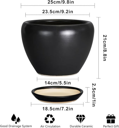 Ceramicfor Ceramic Pot for Plants - 10 Inch Plant Pot Indoor with Drainage Hole and Saucer Large Planter Decorative Planter Modern Outdoor Flower Pot for House Balcony Black
