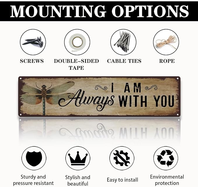 Garden Metal Tin Sign, Vintage Farmhouse Decor, I Am Always With You Sign, Dragonfly Wall Art, for Yard Fence Porch, Rustic Indoor Outdoor Garden Decoration, 15.7 x 3.9 Inches