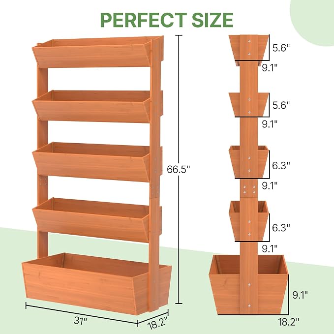 Suteck Vertical Wooden Raised Garden Bed, 5 Tier Garden Planters Freestanding Plant Stand Flower Rack Wooden Planter Box for Plants Flowers Herbs Vegetables Indoor Outdoor Gardening