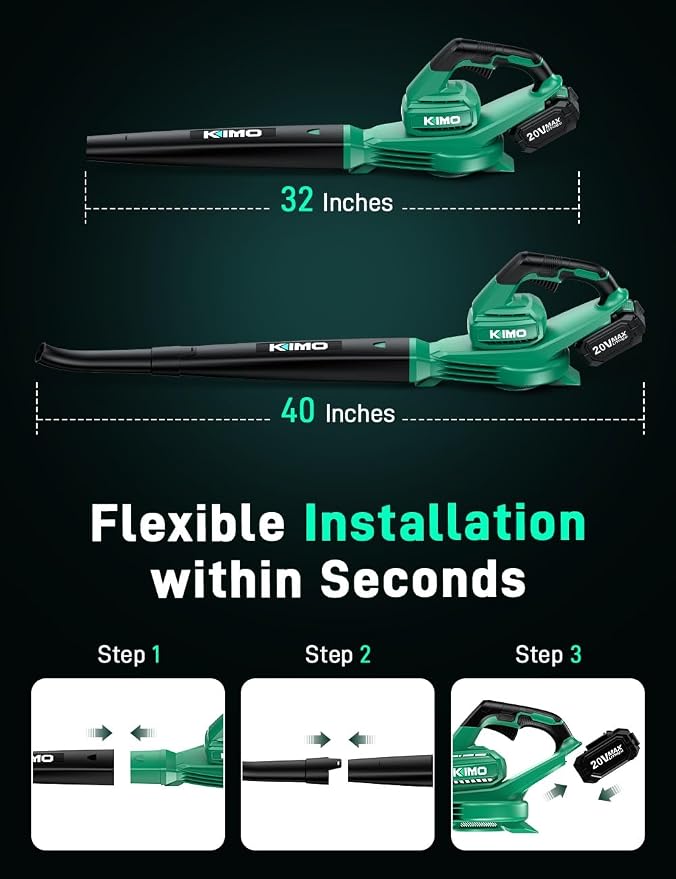 K I M O. Leaf Blower Cordless with Battery and Charger, 2Pack Batteries, Extension Tube,20000RPM Variable Speed, Lightweight Cordless Leaf Blower, Battery Operated Leaf Blowers for Lawn Care and Patio