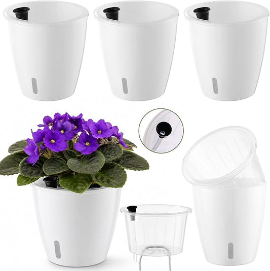 Upgraded Self Watering Pots for Indoor Plants, 4-Pack 5 Inch Top-Fill Self Watering Planter with Water Window, Orchid Pots, Clear Wick Inner Basket with Drainage, White