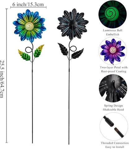 Metal Flowers for Outside, 2 Pack 25'' Flower Decorative Garden Stakes for Spring Yard Decor, Flower Yard Art for Porch Fence Landscape Pot Patio Decor (Purple & Blue)