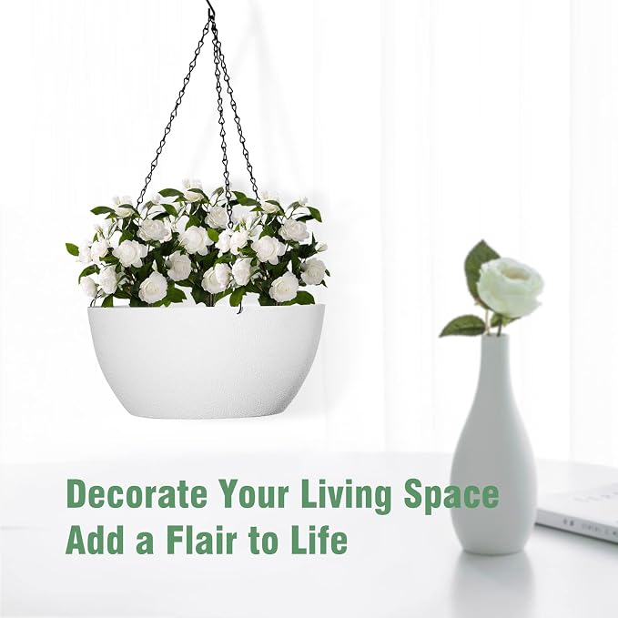WSMKSZ 10 inch Hanging Planters for Outdoor Indoor Plants with Drainage Holes and Chain, 2 Pack Round Hanging Flower Plant Pots for Garden Home Porch Decor, White