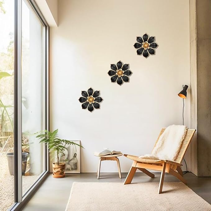 Metal Flowers Wall Decor Black and Gold Wall Art Decorations Hanging 3 Pc Rustic Modern Floral Sculpture Wall Accent Artwork Indoor Outdoor for Bathroom Kitchen Bedroom Living Room Patio Porch 10 Inch