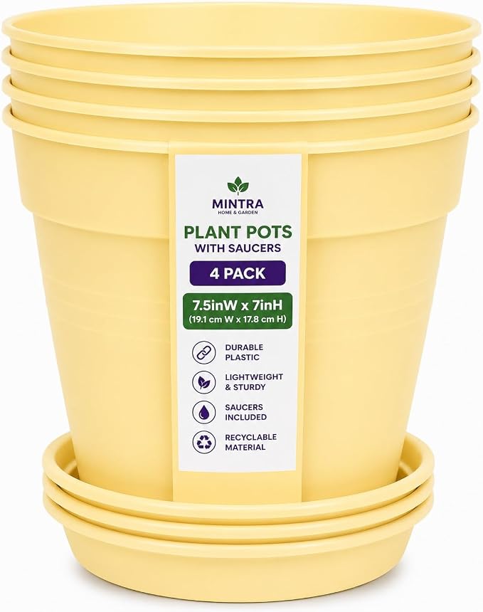Mintra Garden Pots, 4 Pack Bulk Plastic Plant Pots with Drainage Tray, Round Indoor & Outdoor Decorative Planters with Drain Holes for Flowers, Herbs & Plants, 19cm Diameter – Yellow, 7.5 in