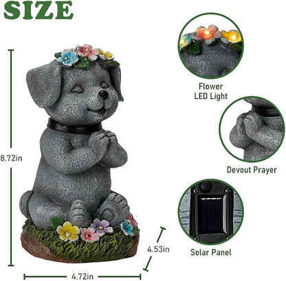 Meditating Dog Garden Statue with Solar LED Lights - Zen Yoga Puppy Figurine with Succulents, Waterproof Resin Decor, 8.7" Outdoor Sculpture, Heartwarming Dog Lover Gifts for Women, Mom, Yard Art