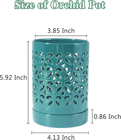 Orchid Pots with Holes 4 Inch 2 Pack, Ceramic Orchid Pot for Repotting with Saucers,More Ventilation Hole Easy Breathing, Plant Pot for Repotting Orchids, Green and White