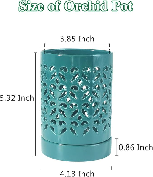 Orchid Pots with Holes 4 Inch 2 Pack, Ceramic Orchid Pot for Repotting with Saucers,More Ventilation Hole Easy Breathing, Plant Pot for Repotting Orchids and Other Flowers,Bullish Green