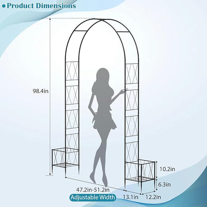 Heavy Duty Garden Arch Trellis for Climbing Plants Outdoor, Metal Garden Arbors Archway Arched Trellis with Planter Boxes, Wedding Arches for Ceremony Arch Backdrop Stands for Party Decorations, Black
