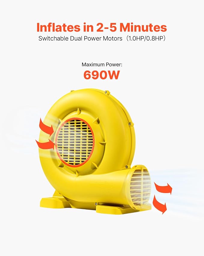 VEVOR Inflatable Blower, Electric Air Blower, Bounce House Blowing Pump, Commercial Corded Fan Pump for Castle Wate Slides Water Slide Bouncy Castle