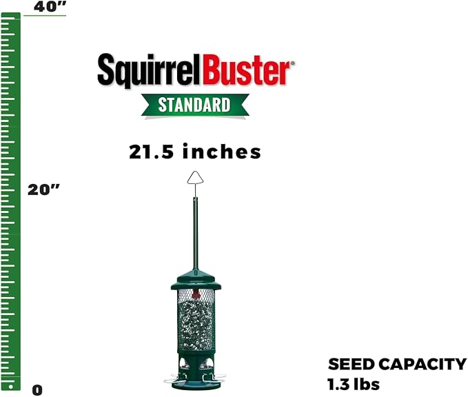 Squirrel Buster Standard Squirrel-proof Bird Feeder w/4 Metal Perches, 1.3-pound Seed Capacity, garden green | 1.3 Lb Capacity, 4 Metal Perches, Weight-Adjustable Closing, Chew-Proof, Uv-Resistant, Easy-Clean Design