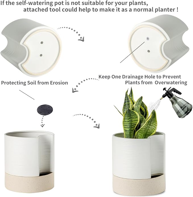 Nihow Ceramic Self Watering Plant Pot for Indoor Plants, 8 Inch,White | Planter with Cotton Wick, Drainage Hole & Water Storage Plus, Cylinder Round Flower Pot, For Succulent/Herbs/Violets