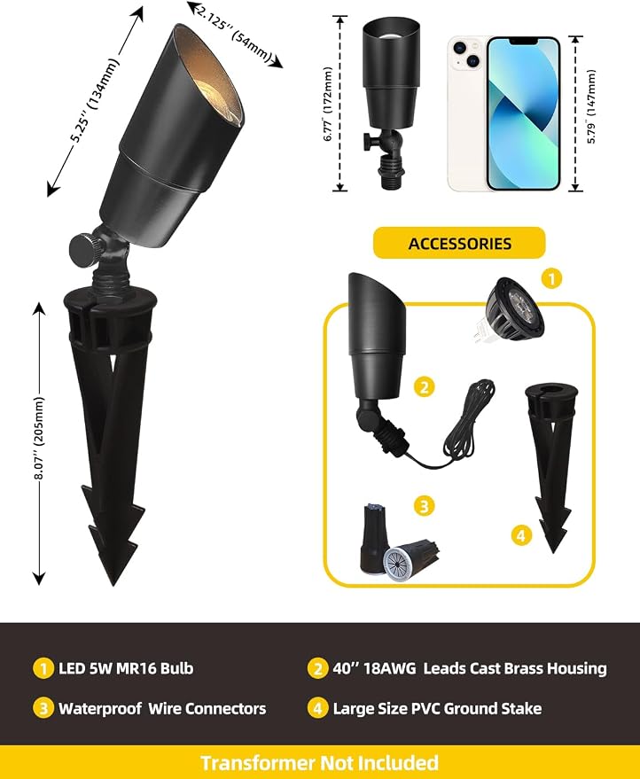 COLOER Brass Low Voltage Landscape Spotlight(Black) 6-Pack with 5W Aluminum Housing MR16 LED Bulb 2700K 450LM CRI85+,12V AC/DC Outdoor Uplighting, Directional Garden Patio Spot Up Light(101B-Black)
