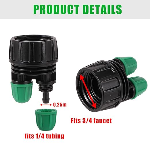 Garden Hose Adapter 3/4 to 1/4 Inch 2 Way Drip Irrigation Tubing Connectors Lock Barbed Design 3/4 US Standard GHT Thread 5 Pack (2 -Way to 1/4" Pipe Connector)