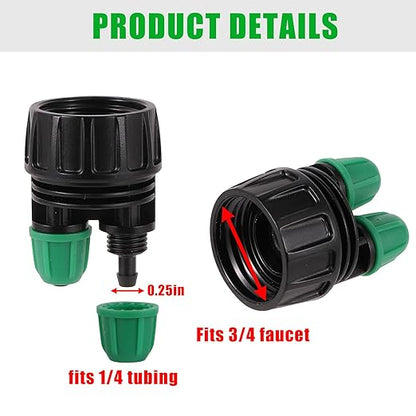 Garden Hose Adapter 3/4 to 1/4 Inch 2 Way Drip Irrigation Tubing Connectors Lock Barbed Design 3/4 US Standard GHT Thread 5 Pack (2 -Way to 1/4" Pipe Connector)