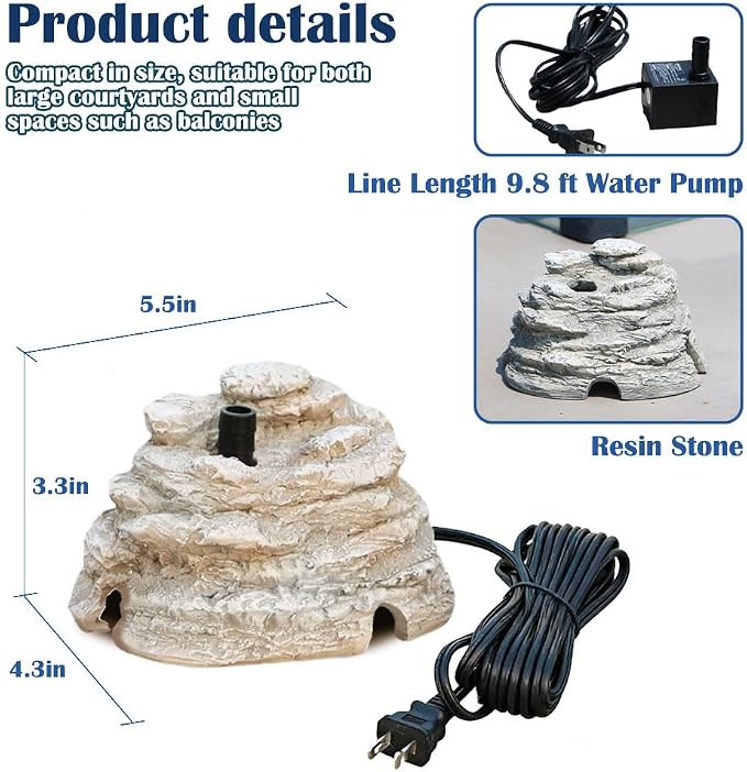 Bird Bath Fountain, Resin Granite with 9.8ft Long Wired Pump for Outdoor Garden Patio Decor, Rock Water Feature Fountain for Hummingbird Birdbath Aquariums and Fish Tank (Gray)