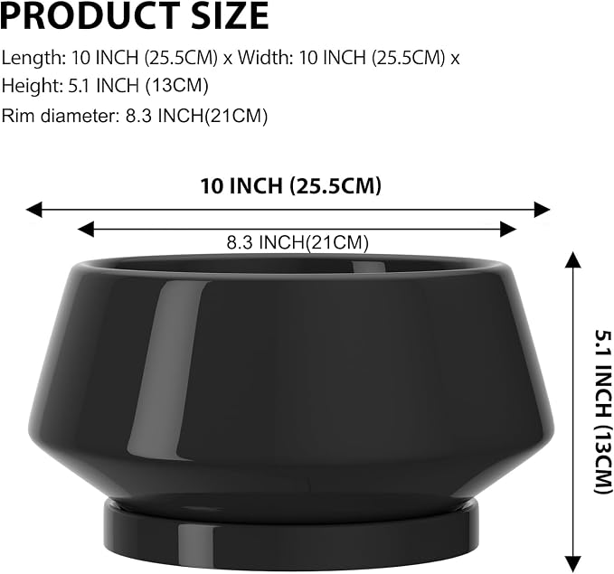 10 Inch Black Ceramic Planter with Drainage Hole and Saucer | Ideal for Indoor and Outdoor Plants, Modern Home Decor, Round, Gloss Black