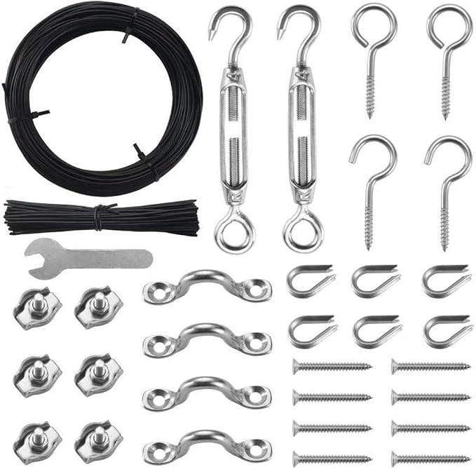 Outdoor Lights Hanging Kit,Globe String Light Suspension Kit,100FT Black Vinyl-Coated 304 Stainless Steel Guide Wire Cable,Include Wire Rope Tension Turnbuckle and Eye Hooks