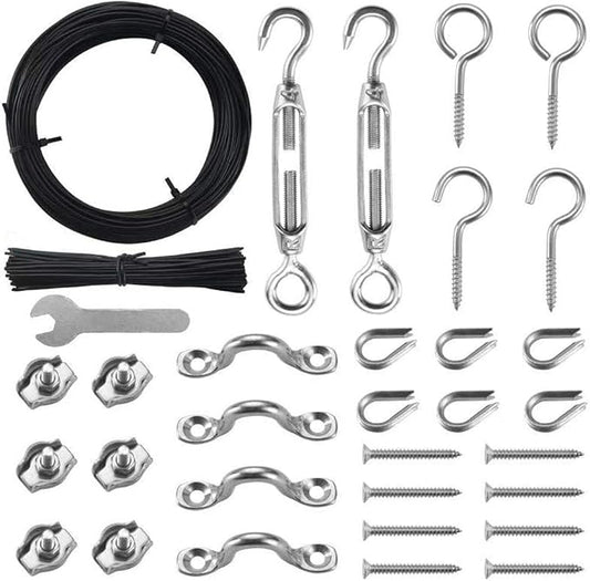 Outdoor Lights Hanging Kit,Globe String Light Suspension Kit,100FT Black Vinyl-Coated 304 Stainless Steel Guide Wire Cable,Include Wire Rope Tension Turnbuckle and Eye Hooks