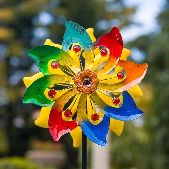 Stargarden Wind Spinner, Colorful Metal Wind Sculptures & Spinners | Double Pinwheels, 63*13"Windmills for Yard and Garden