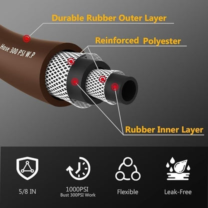 Guitrees Garden Hose 50FT x 5/8", Heavy Duty Rubber Hose, Water Hose with Five Layered Braiding, Male to Female Fittings, 1000PSI Burst, 300PSI Working (Brown)