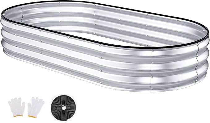 Raised Garden Bed, 6x3x1ft Galvanized Outdoor Planter Beds with Safety Edging and Gloves, Oval Metal Planter Box for Gardening Vegetables Flowers Herb-Silver