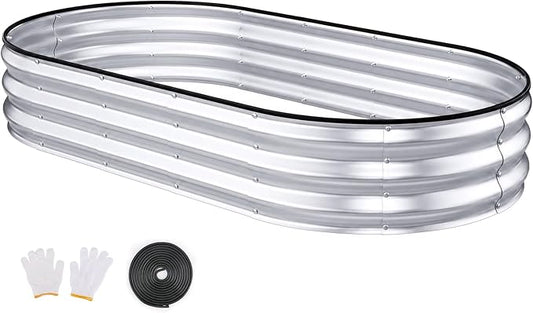 Raised Garden Bed, 6x3x1ft Galvanized Outdoor Planter Beds with Safety Edging and Gloves, Oval Metal Planter Box for Gardening Vegetables Flowers Herb-Silver