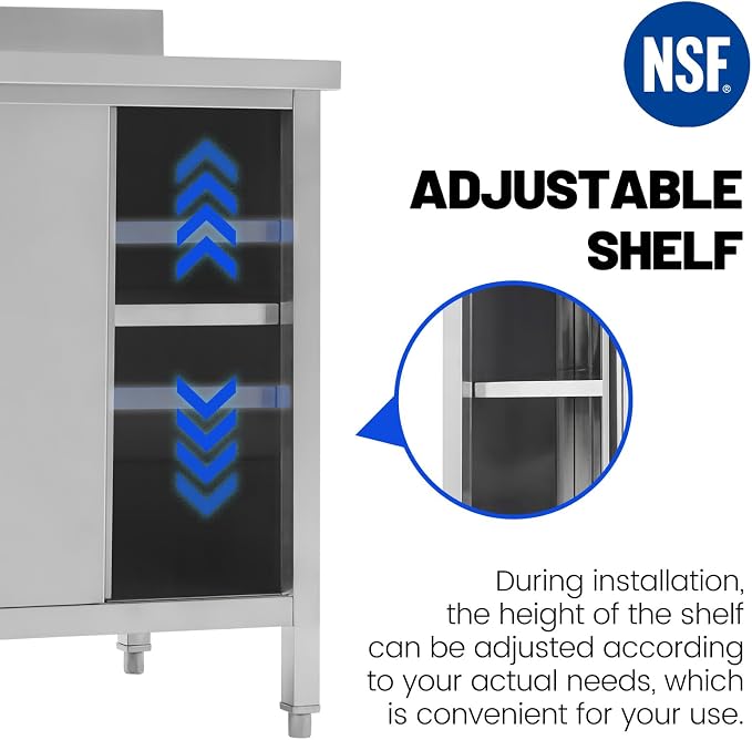 Hally Stainless Steel Cabinet, 24" x 48" NSF Commercial Heavy Duty Prep Workbench with Backsplash and Two Sliding Doors, Large Storage Cabinet, Metal Table for Kitchen, Restaurant, Garage