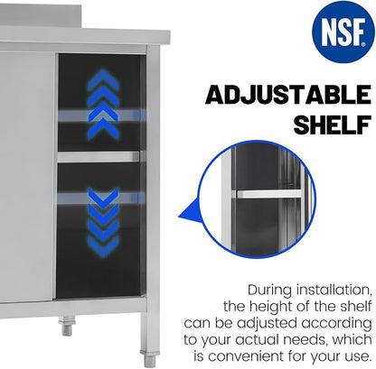 Hally Stainless Steel Cabinet, 24" x 60" NSF Commercial Heavy Duty Prep Workbench with Backsplash and Two Sliding Doors, Large Storage Cabinet, Metal Table for Kitchen, Restaurant, Garage