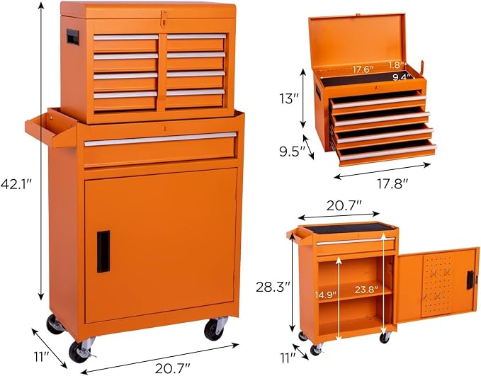 Tool Chest, 5-Drawers Rolling Tool Storage Cabinet with Detachable Top, Adjustable Shelf, Lockable Wheels & Locking Mechanism, Multifunctional Tool Cart for Garage Warehouse, Orange