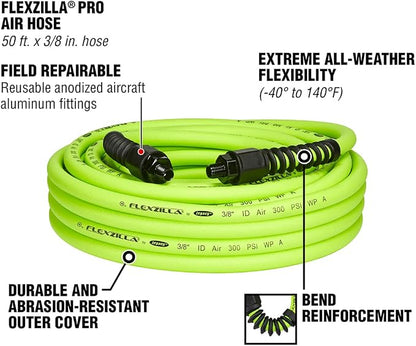 Flexzilla Open Face Retractable Air Hose Reel, 3/8 in. x 50 ft., Heavy Duty, Lightweight, Hybrid, ZillaGreen - L8611FZ & Pro Air Hose, 3/8 in. x 50 ft, Heavy Duty, Lightweight, Hybrid, ZillaGreen
