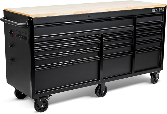 Olympia Tools 72 inch Heavy Duty Mobile Tool Chest Tool Box, with Solid Wood Top Workbench, 15-Drawer Rolling Tool Chest, Tool Storage Organizer for Garage, Workshop, and Home, Black