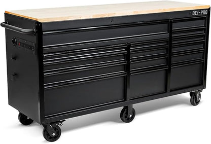 Olympia Tools 72 inch Heavy Duty Mobile Tool Chest Tool Box, with Solid Wood Top Workbench, 15-Drawer Rolling Tool Chest, Tool Storage Organizer for Garage, Workshop, and Home, Black